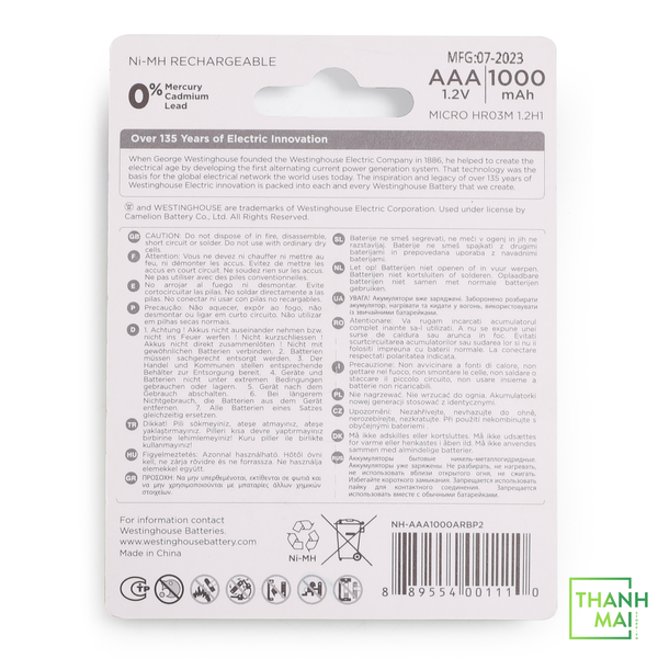 Pin sạc Westinghouse AAA 1000mAh (Vỉ 2 viên)