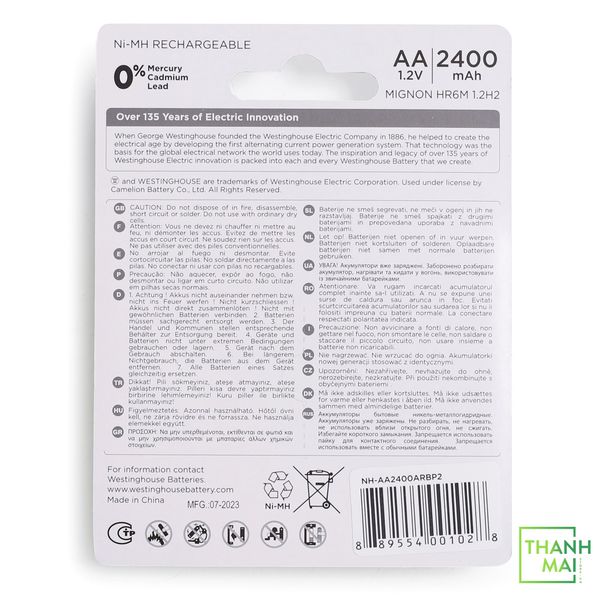 Pin sạc Westinghouse AA 2400mAh (Vỉ 2 viên)