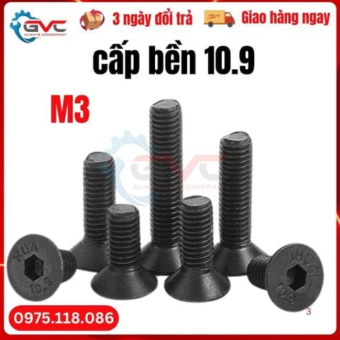Bu  Lông  Lục  Giác  Chìm  Đầu  bằng (Cổ Vát, Đầu Côn)cấp bền10.9  DIN 7991  M3