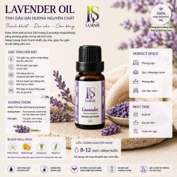 Tinh dầu Hoa Oải Hương Lavender Thiên Nhiên LA SENZE Hỗ Trợ Giấc Ngủ 