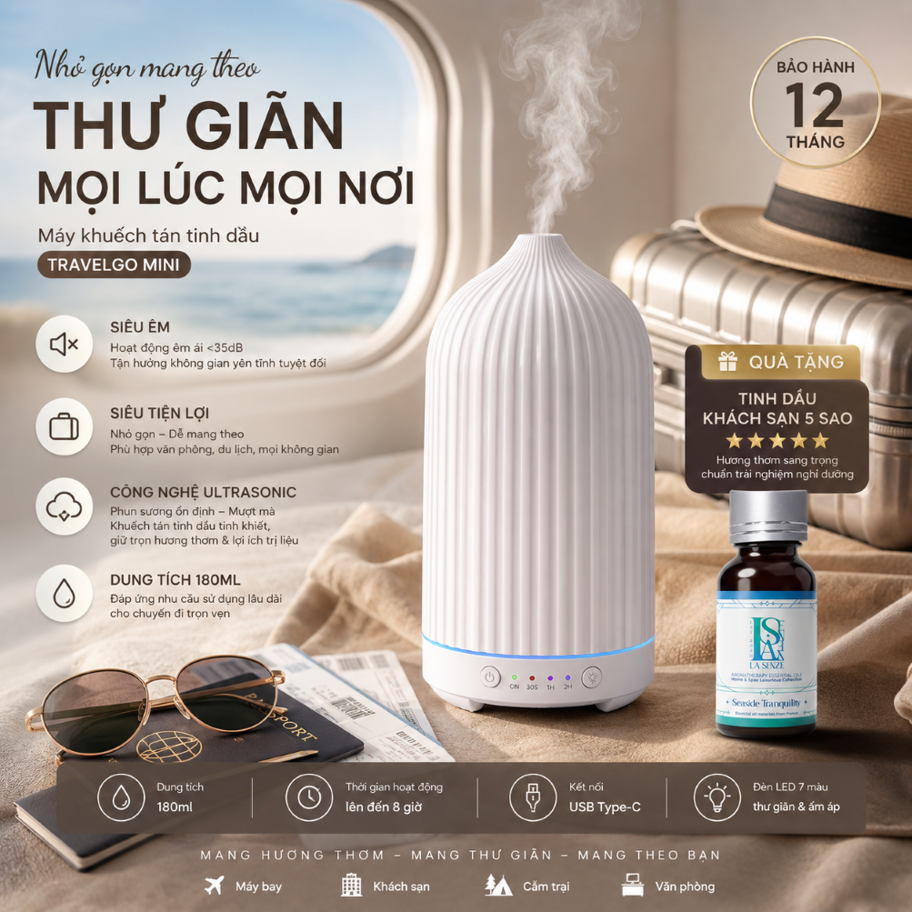  Máy Khuếch Tán Tinh Dầu Du Lịch Văn Phòng TravelGo Mini 180ml LA SENZE 