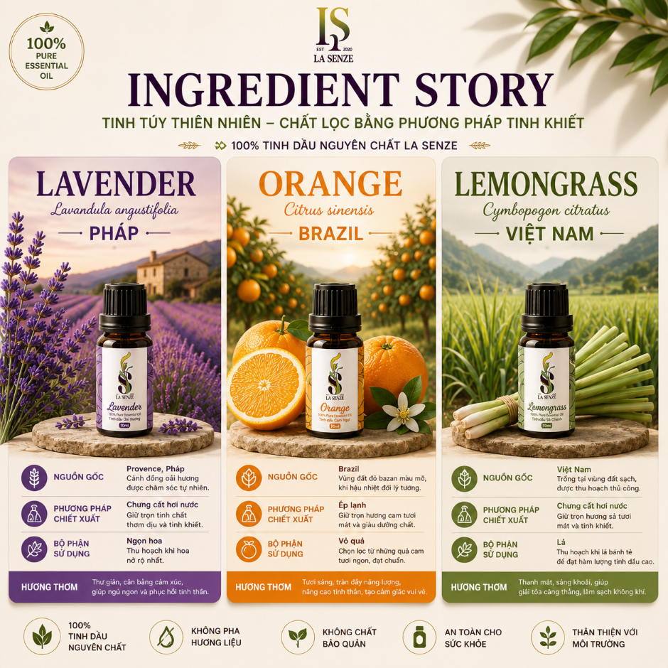  Tinh dầu Sả Chanh Lemongrass LA SENZE Thiên Nhiên - Tinh Dầu Đuổi Muỗi - 100% Natural (Hàng Thật Không Pha) 