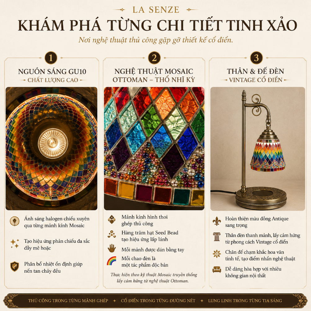  Đèn Đốt Nến Thơm Nghệ Thuật LA SENZE Gemstone Mosaic Thổ Nhĩ Kỳ 