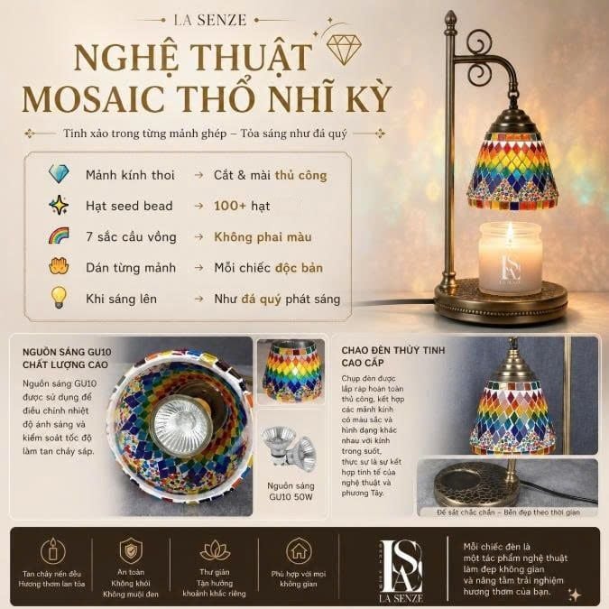  Đèn Đốt Nến Thơm Nghệ Thuật LA SENZE Gemstone Mosaic Thổ Nhĩ Kỳ 
