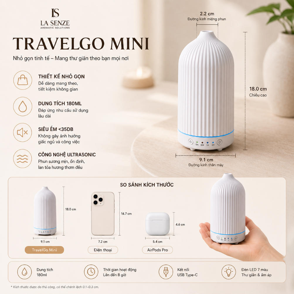  Máy Khuếch Tán Tinh Dầu Du Lịch Văn Phòng TravelGo Mini 180ml LA SENZE 