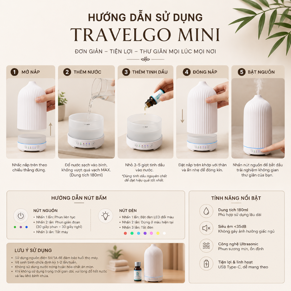  Máy Khuếch Tán Tinh Dầu Du Lịch Văn Phòng TravelGo Mini 180ml LA SENZE 