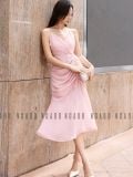  Đầm voan hồng hai dây tùng nhún 