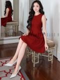  Set áo sát nách chân váy đỏ xếp ly 