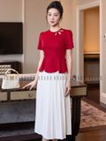  Set áo đỏ peplum chân váy dập ly 