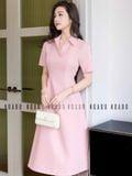  Đầm hồng cổ sơ mi xếp ly eo 