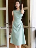  Đầm xanh mint cổ sen 