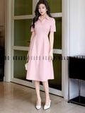  Đầm hồng cổ sơ mi xếp ly eo 