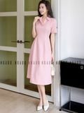  Đầm hồng cổ sơ mi xếp ly eo 