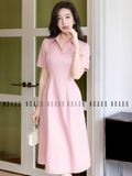 Đầm hồng cổ sơ mi xếp ly eo 
