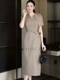  Đầm nâu tay xếp ly 