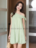  Đầm bí caro xanh lệch vai 