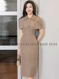  Đầm nâu bút chì tay choàng 