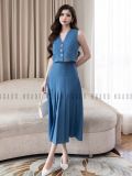  Set áo váy gile xanh xếp ly 