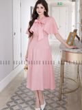  Đầm hồng tay xoè cột nơ 