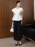  Set áo peplum trắng váy xếp ly 