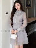  Đầm xám phối voan 