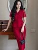 Set áo váy đỏ cổ tim 