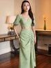  Set áo váy caro xanh xẻ tà 