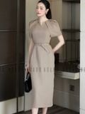  Đầm nâu tay xếp ly 