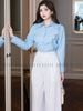 Set áo sơ mi xanh biển quần trắng
