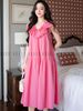  Đầm babydoll hồng cổ nhún 