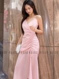  Đầm voan hồng hai dây tùng nhún 