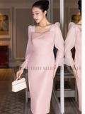  Đầm hồng cổ vuông tay voan 