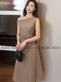  Đầm nâu lệch vai xếp ly 