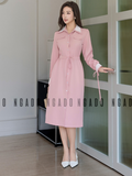  Đầm hồng cổ sơ mi phối trắng 