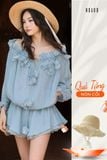  [TẶNG NÓN] Jumpsuit bẹt vai phối hoa 