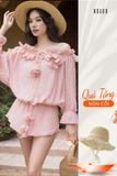  [TẶNG NÓN] Jumpsuit bẹt vai phối hoa 
