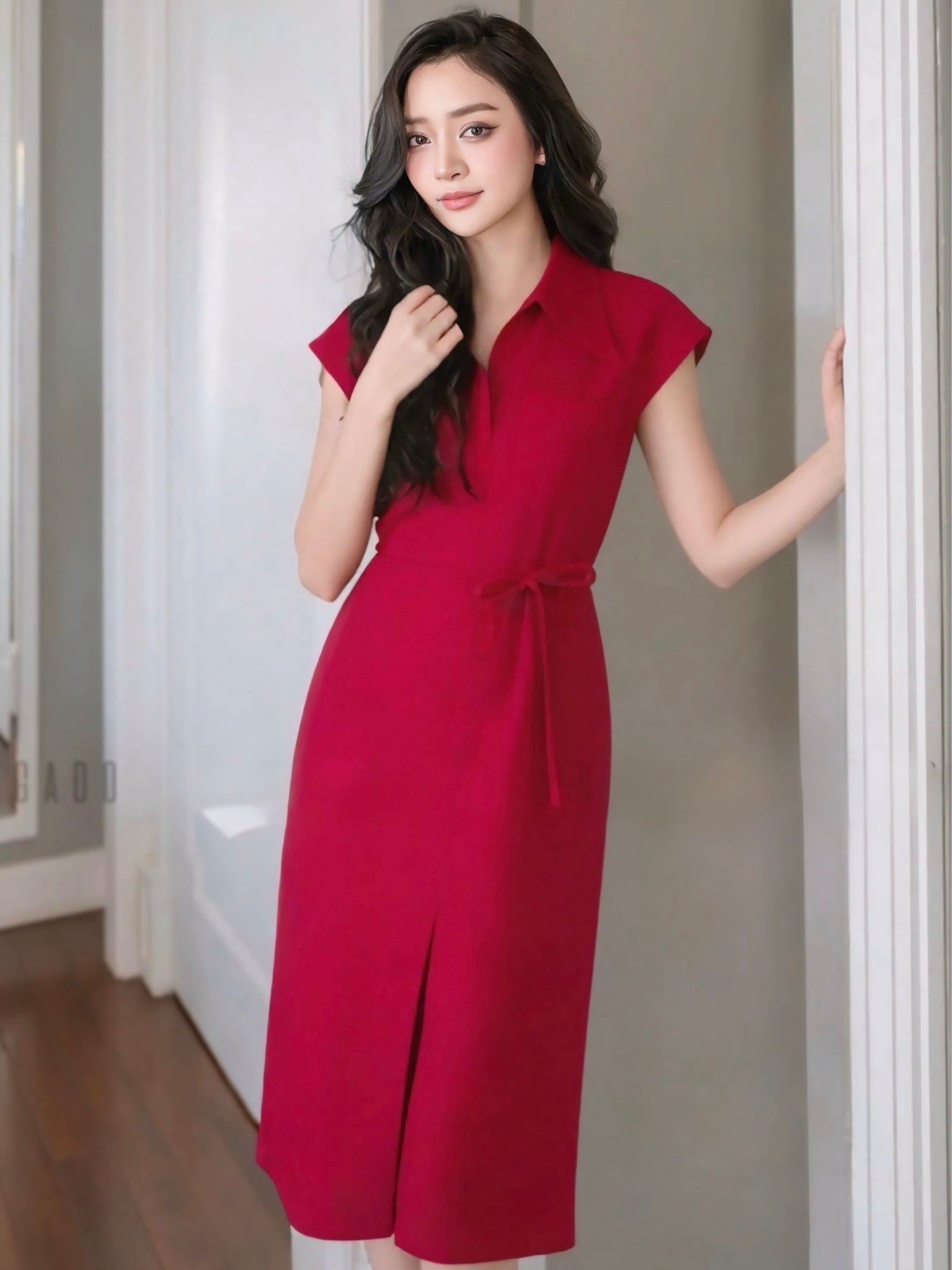  Đầm đỏ phối dây nơ 