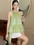  Set áo yếm xanh phối tà quần bí 