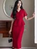  Set áo váy đỏ cổ tim 