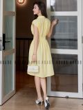  Đầm vàng caro cổ sơ mi 