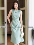  Đầm xanh mint cổ sen 
