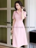  Đầm hồng cổ sơ mi xếp ly eo 