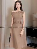  Đầm nâu lệch vai xếp ly 