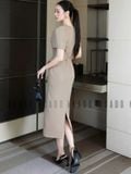  Đầm nâu tay xếp ly 