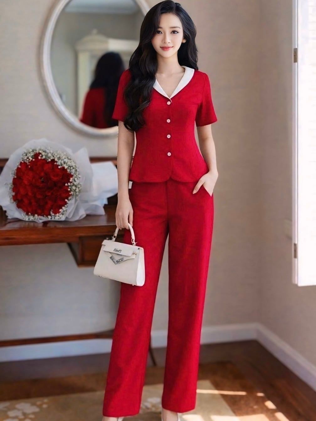  Set áo quần đỏ cổ viền trắng 