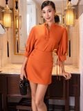  Set áo váy cam tay lửng cổ trụ 