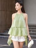  Set áo yếm xanh phối tà quần bí 