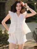  Set áo quần tay bèo phối ren trắng 