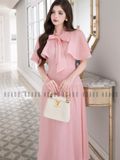  Đầm hồng tay xoè cột nơ 