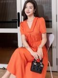  Đầm cam cổ V 